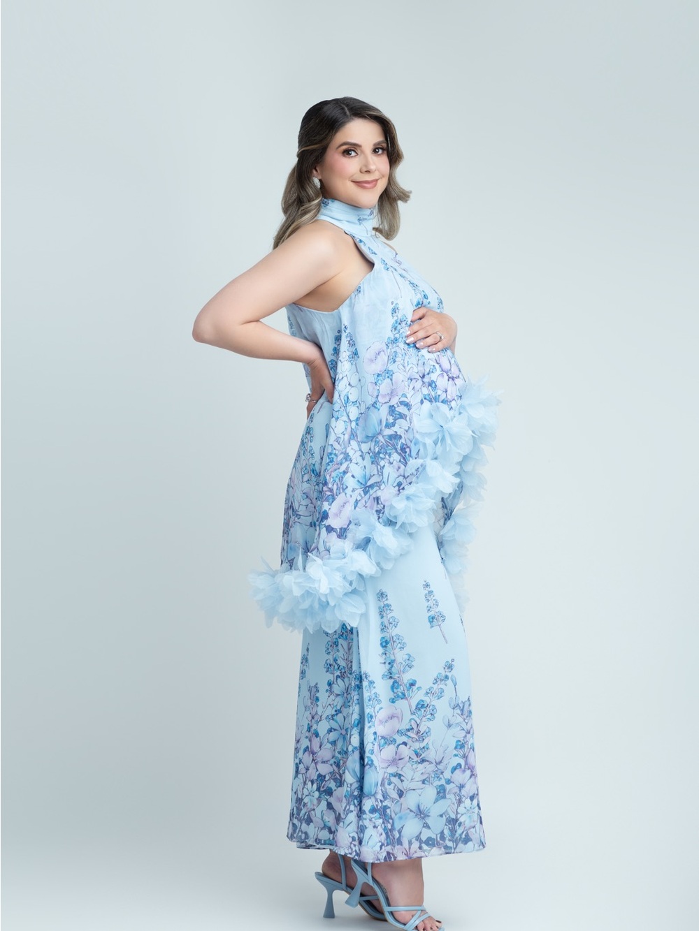 Elliatt Light Blue Floral Dress with Ruffle Trim